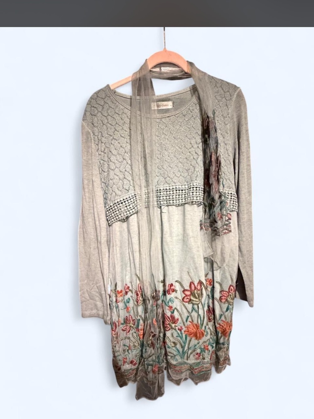 Simply Couture Beige Floral Embroidered Scoop Neck Top with Scarf